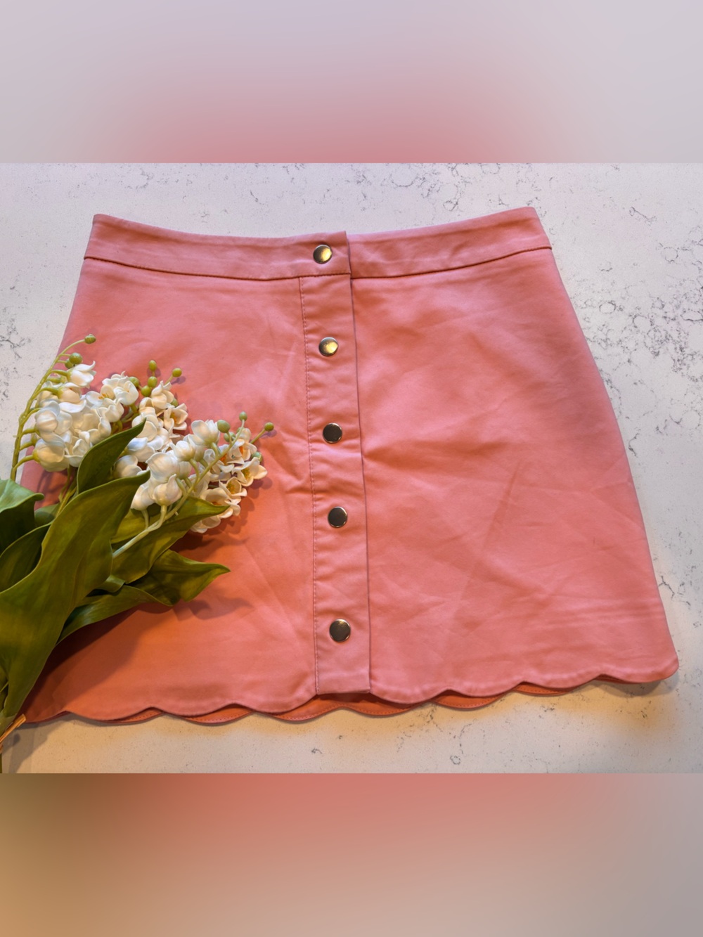 Alythea Coral-Pink Scalloped Snap-Front Mini Skirt